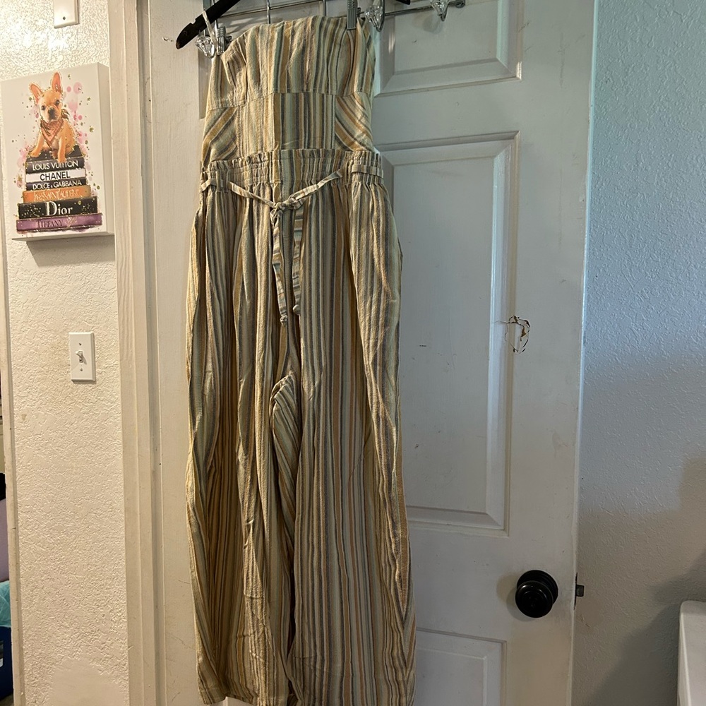 Free People Striped Strapless Jumpsuit in Beige and Olive